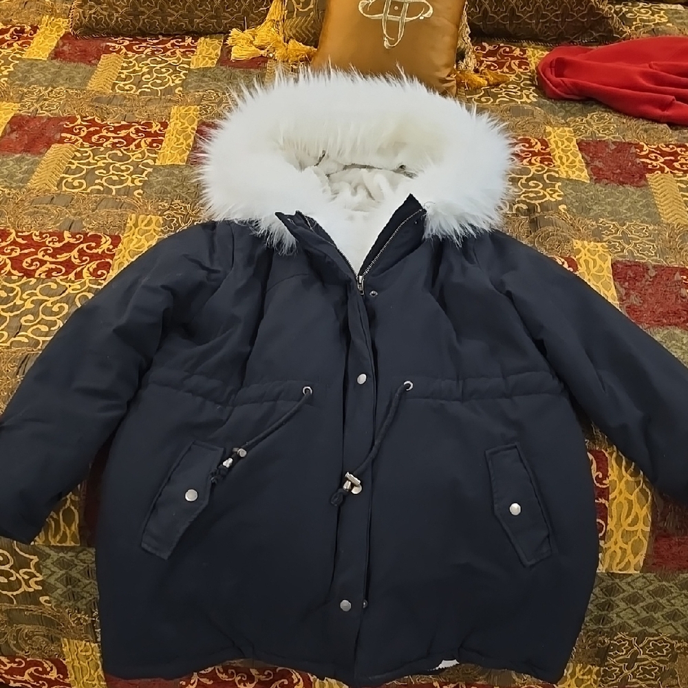 Black Winter Parka Jacket with Faux Fur Hood